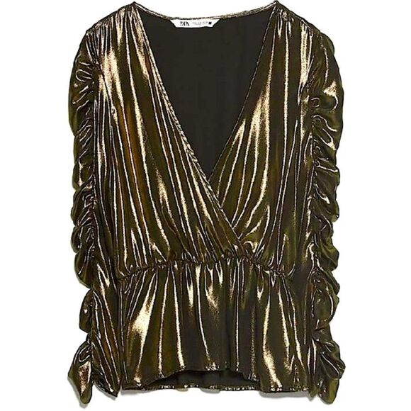 ZARA Blouse Gold Wrap Shirt Peplum Top Size Small - Picture 4 of 9